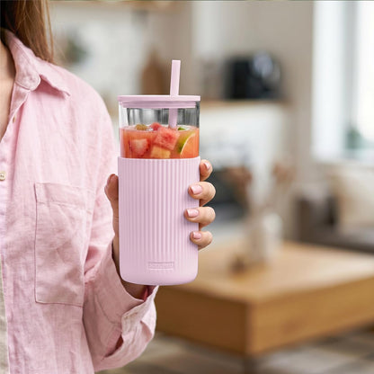 Glass Tumbler with Straw and Lid, Glass Water Bottle with Silicone Sleeve 20oz, Smoothie, Iced Coffee Cup, Gifts for Women Teen Girls Birthday Christmas (Cream)