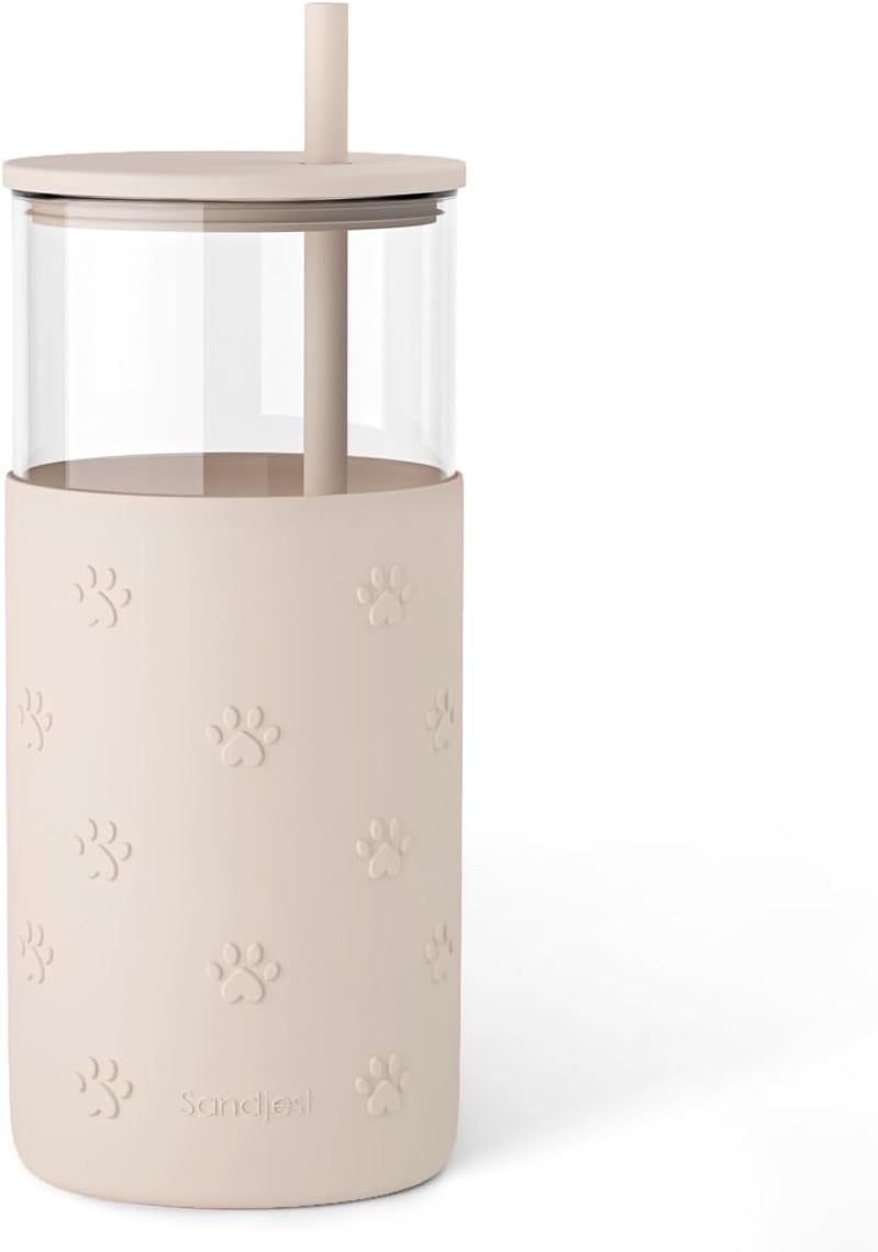 Glass Tumbler with Straw and Lid, Glass Water Bottle with Silicone Sleeve 20oz, Smoothie, Iced Coffee Cup, Gifts for Women Teen Girls Birthday Christmas (Cream)