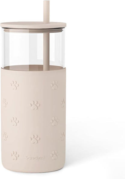 Glass Tumbler with Straw and Lid, Glass Water Bottle with Silicone Sleeve 20oz, Smoothie, Iced Coffee Cup, Gifts for Women Teen Girls Birthday Christmas (Cream)