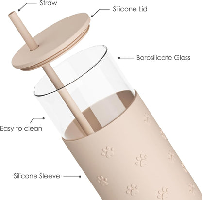 Glass Tumbler with Straw and Lid, Glass Water Bottle with Silicone Sleeve 20oz, Smoothie, Iced Coffee Cup, Gifts for Women Teen Girls Birthday Christmas (Cream)