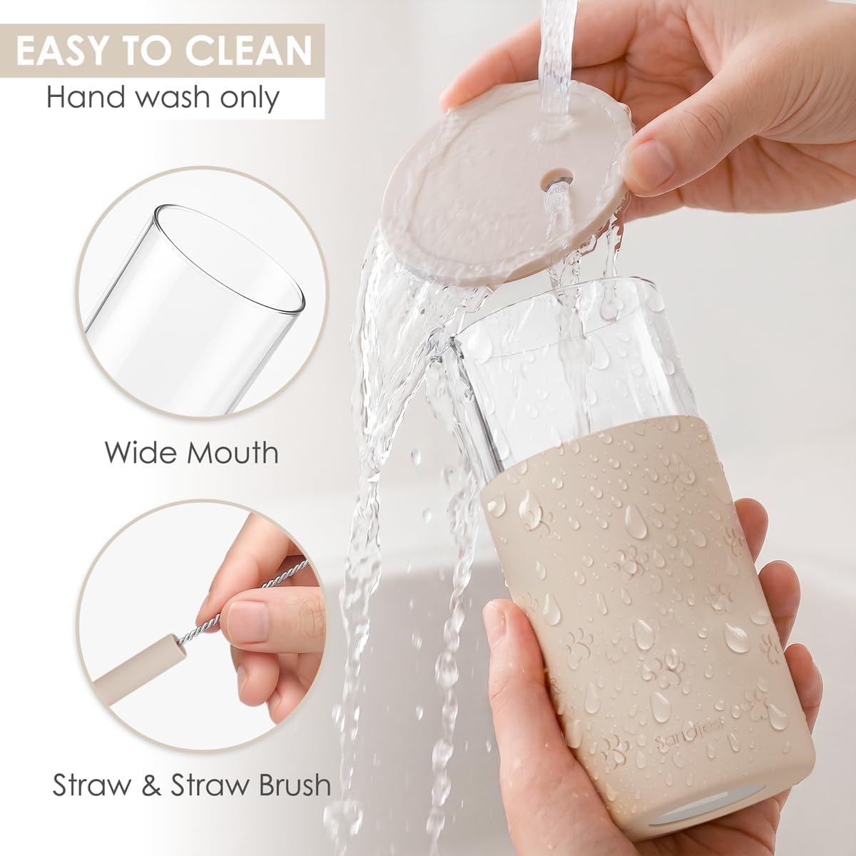 Glass Tumbler with Straw and Lid, Glass Water Bottle with Silicone Sleeve 20oz, Smoothie, Iced Coffee Cup, Gifts for Women Teen Girls Birthday Christmas (Cream)