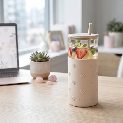 Glass Tumbler with Straw and Lid, Glass Water Bottle with Silicone Sleeve 20oz, Smoothie, Iced Coffee Cup, Gifts for Women Teen Girls Birthday Christmas (Cream)