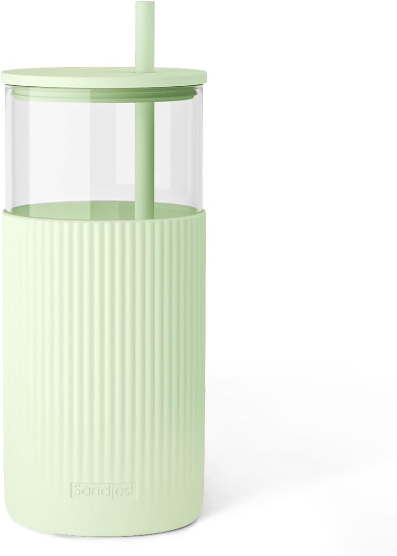 Glass Tumbler with Straw and Lid, Glass Water Bottle with Silicone Sleeve 20oz, Smoothie, Iced Coffee Cup, Gifts for Women Teen Girls Birthday Christmas (Cream)