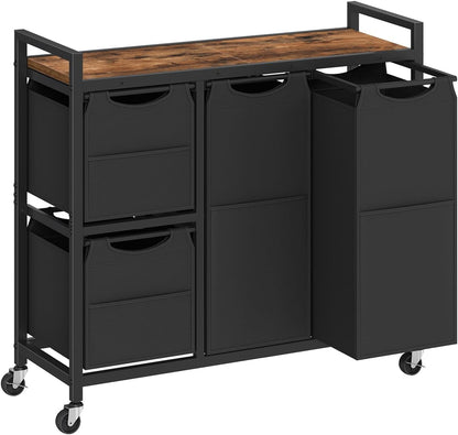 Laundry Sorter with 4 Section, 39 Gal. (147 L) Laundry Hamper with Wheels, Rolling Laundry Basket with Shelf, Pull-Out Detachable Bags, Side Pockets, Rustic Brown, Black and Beige BFE14XY01N1