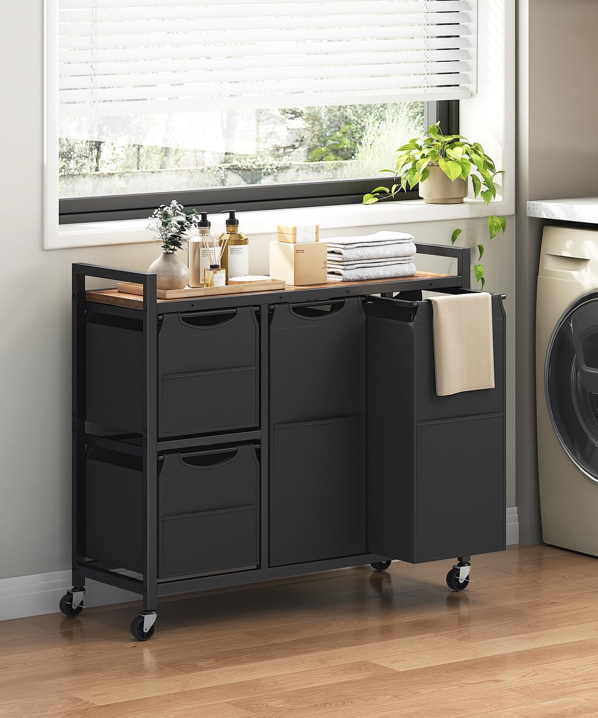 Laundry Sorter with 4 Section, 39 Gal. (147 L) Laundry Hamper with Wheels, Rolling Laundry Basket with Shelf, Pull-Out Detachable Bags, Side Pockets, Rustic Brown, Black and Beige BFE14XY01N1