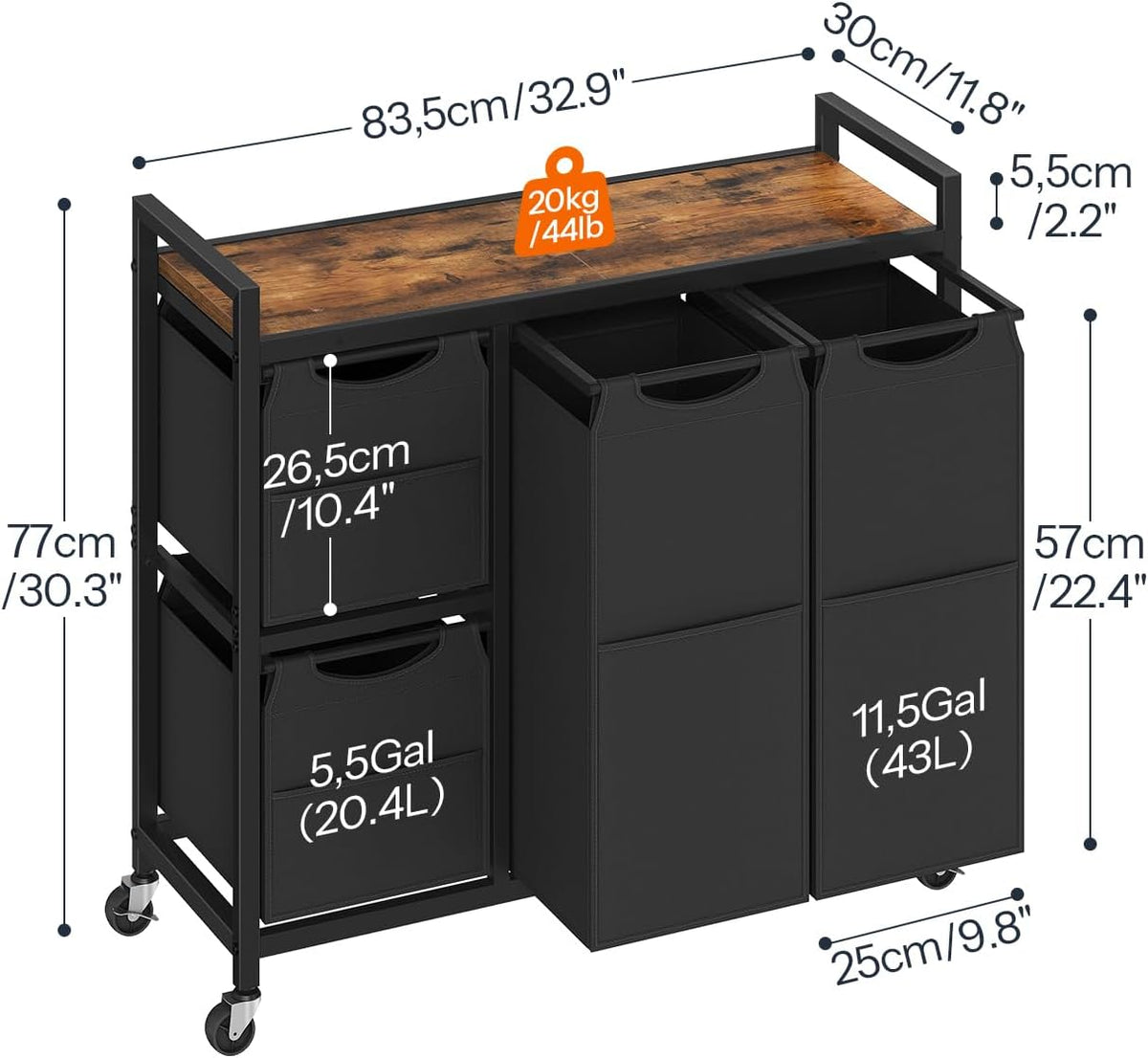 Laundry Sorter with 4 Section, 39 Gal. (147 L) Laundry Hamper with Wheels, Rolling Laundry Basket with Shelf, Pull-Out Detachable Bags, Side Pockets, Rustic Brown, Black and Beige BFE14XY01N1