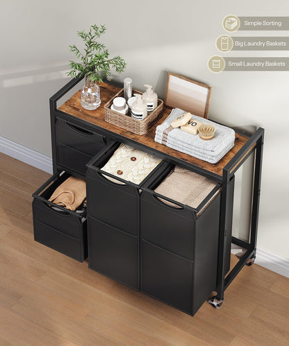 Laundry Sorter with 4 Section, 39 Gal. (147 L) Laundry Hamper with Wheels, Rolling Laundry Basket with Shelf, Pull-Out Detachable Bags, Side Pockets, Rustic Brown, Black and Beige BFE14XY01N1