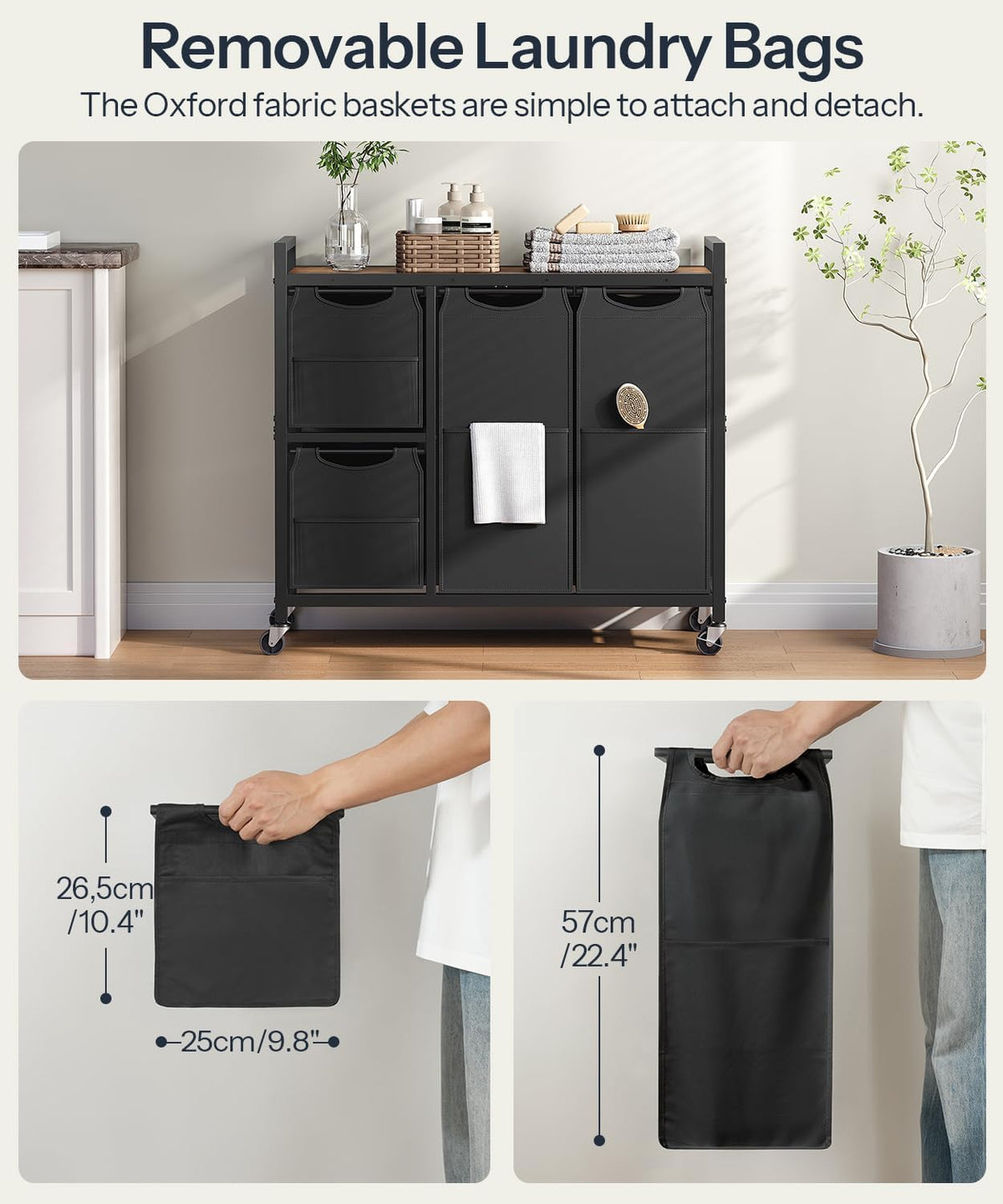 Laundry Sorter with 4 Section, 39 Gal. (147 L) Laundry Hamper with Wheels, Rolling Laundry Basket with Shelf, Pull-Out Detachable Bags, Side Pockets, Rustic Brown, Black and Beige BFE14XY01N1