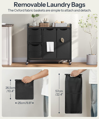 Laundry Sorter with 4 Section, 39 Gal. (147 L) Laundry Hamper with Wheels, Rolling Laundry Basket with Shelf, Pull-Out Detachable Bags, Side Pockets, Rustic Brown, Black and Beige BFE14XY01N1