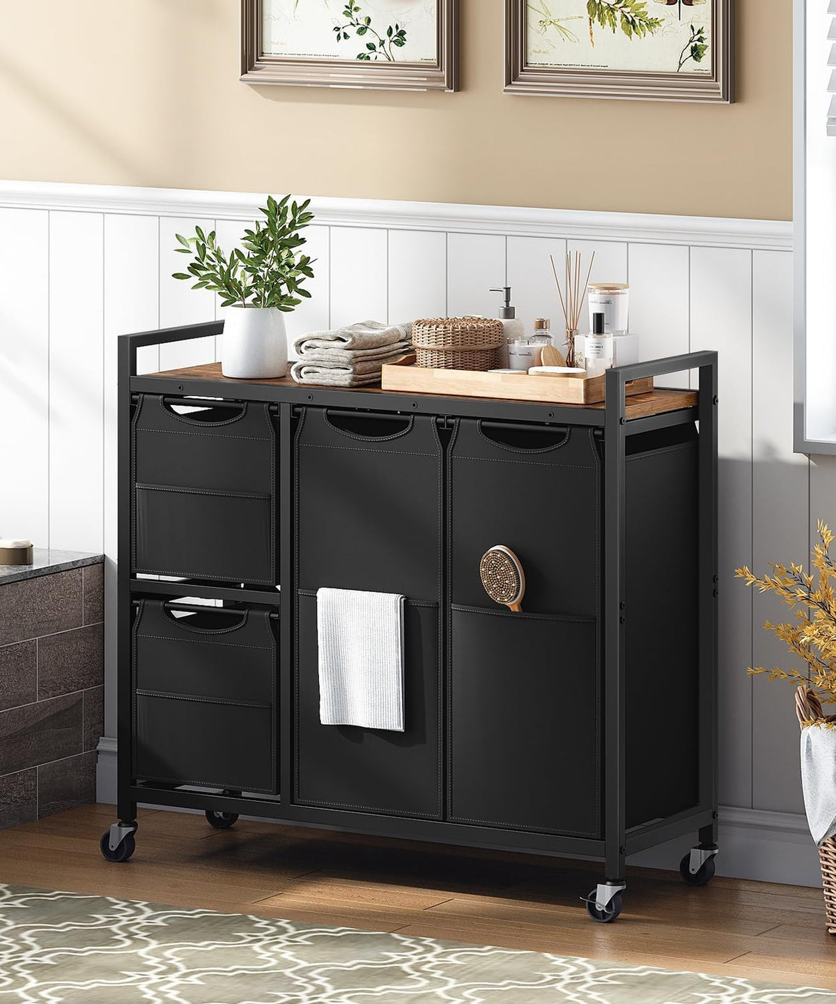 Laundry Sorter with 4 Section, 39 Gal. (147 L) Laundry Hamper with Wheels, Rolling Laundry Basket with Shelf, Pull-Out Detachable Bags, Side Pockets, Rustic Brown, Black and Beige BFE14XY01N1