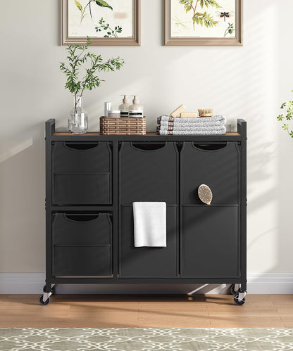 Laundry Sorter with 4 Section, 39 Gal. (147 L) Laundry Hamper with Wheels, Rolling Laundry Basket with Shelf, Pull-Out Detachable Bags, Side Pockets, Rustic Brown, Black and Beige BFE14XY01N1