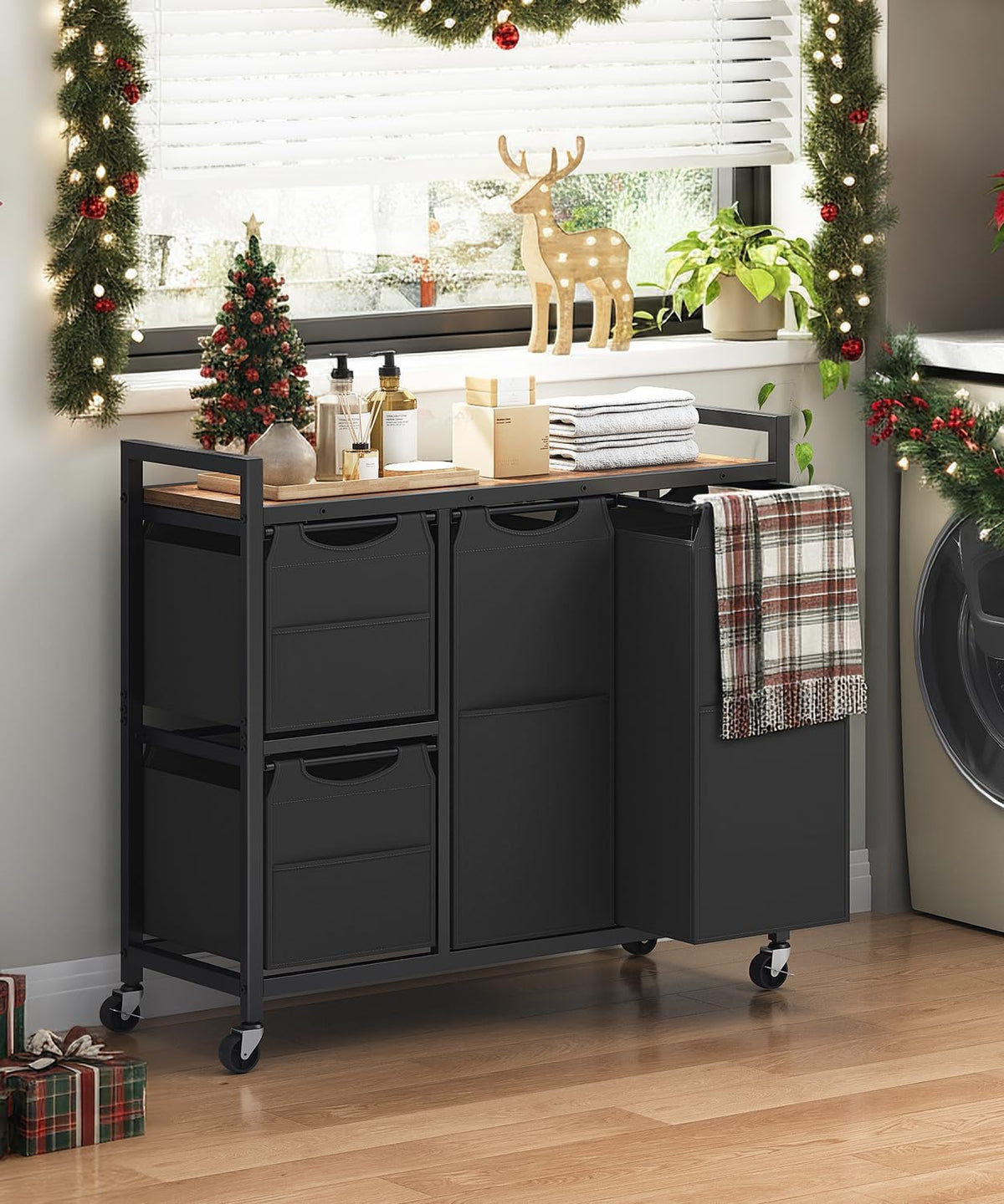 Laundry Sorter with 4 Section, 39 Gal. (147 L) Laundry Hamper with Wheels, Rolling Laundry Basket with Shelf, Pull-Out Detachable Bags, Side Pockets, Rustic Brown, Black and Beige BFE14XY01N1
