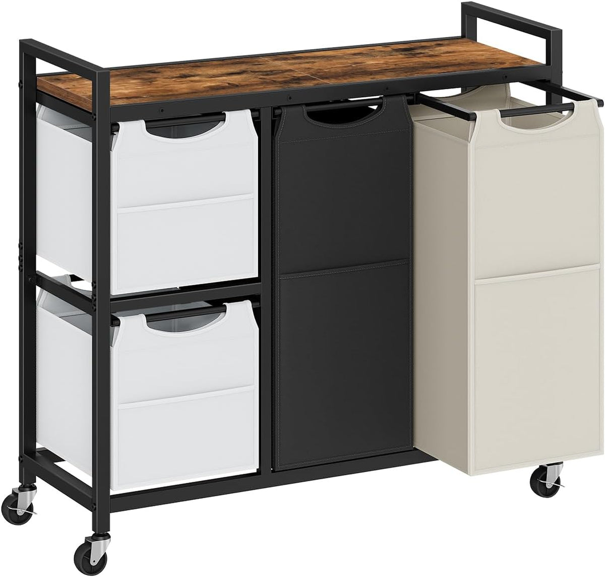 Laundry Sorter with 4 Section, 39 Gal. (147 L) Laundry Hamper with Wheels, Rolling Laundry Basket with Shelf, Pull-Out Detachable Bags, Side Pockets, Rustic Brown, Black and Beige BFE14XY01N1