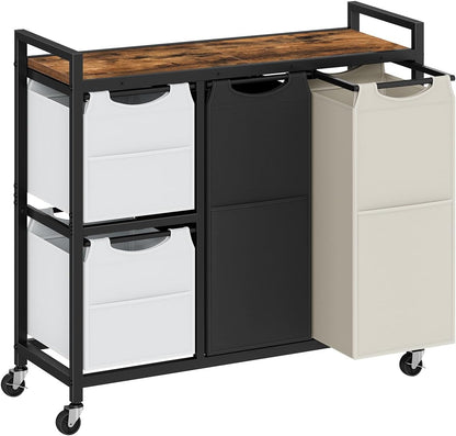 Laundry Sorter with 4 Section, 39 Gal. (147 L) Laundry Hamper with Wheels, Rolling Laundry Basket with Shelf, Pull-Out Detachable Bags, Side Pockets, Rustic Brown, Black and Beige BFE14XY01N1