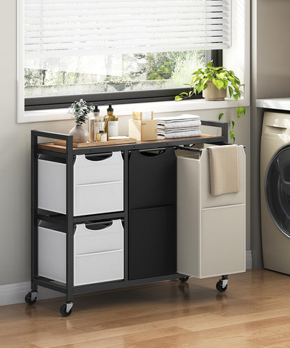Laundry Sorter with 4 Section, 39 Gal. (147 L) Laundry Hamper with Wheels, Rolling Laundry Basket with Shelf, Pull-Out Detachable Bags, Side Pockets, Rustic Brown, Black and Beige BFE14XY01N1