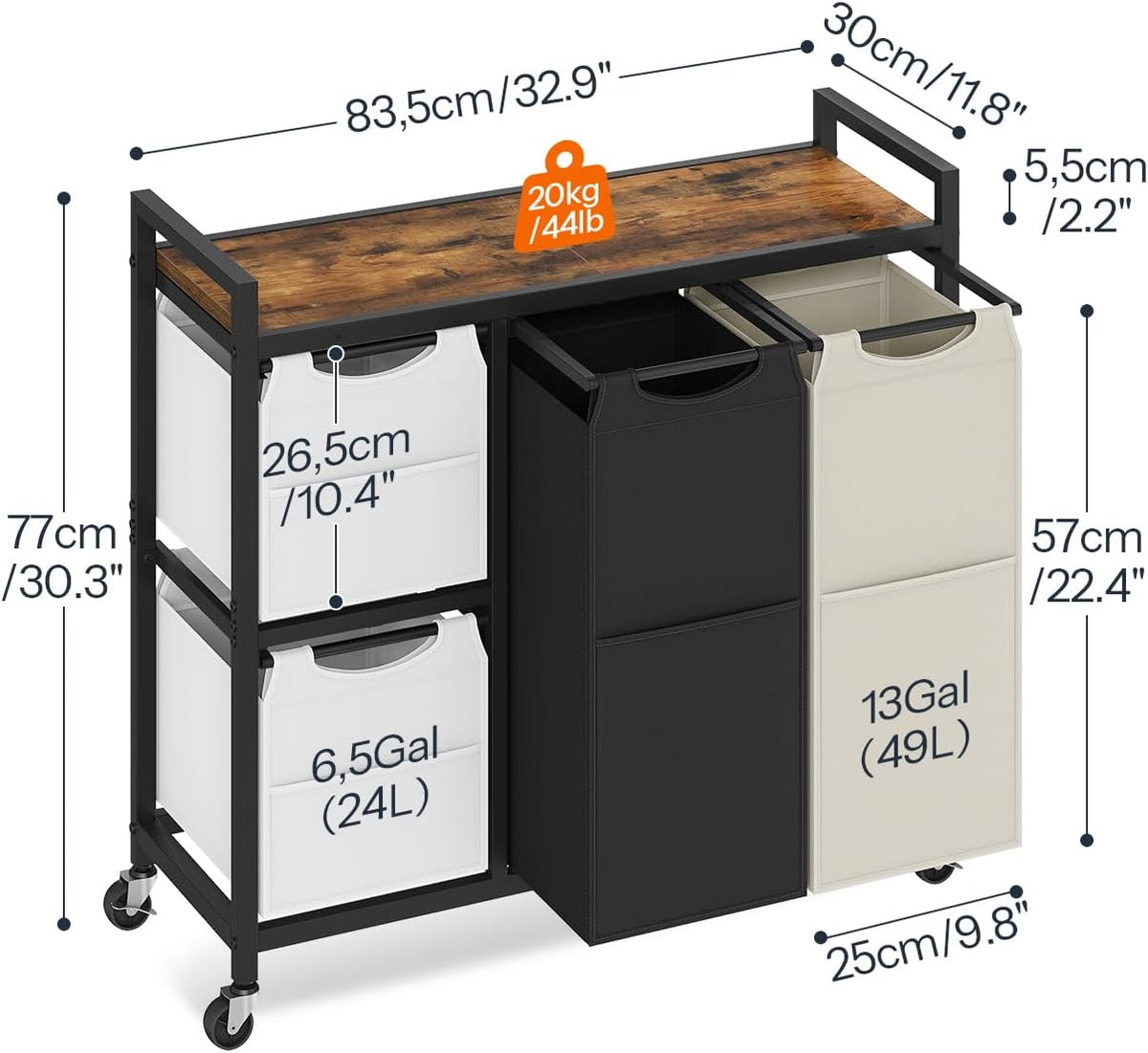 Laundry Sorter with 4 Section, 39 Gal. (147 L) Laundry Hamper with Wheels, Rolling Laundry Basket with Shelf, Pull-Out Detachable Bags, Side Pockets, Rustic Brown, Black and Beige BFE14XY01N1