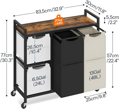 Laundry Sorter with 4 Section, 39 Gal. (147 L) Laundry Hamper with Wheels, Rolling Laundry Basket with Shelf, Pull-Out Detachable Bags, Side Pockets, Rustic Brown, Black and Beige BFE14XY01N1