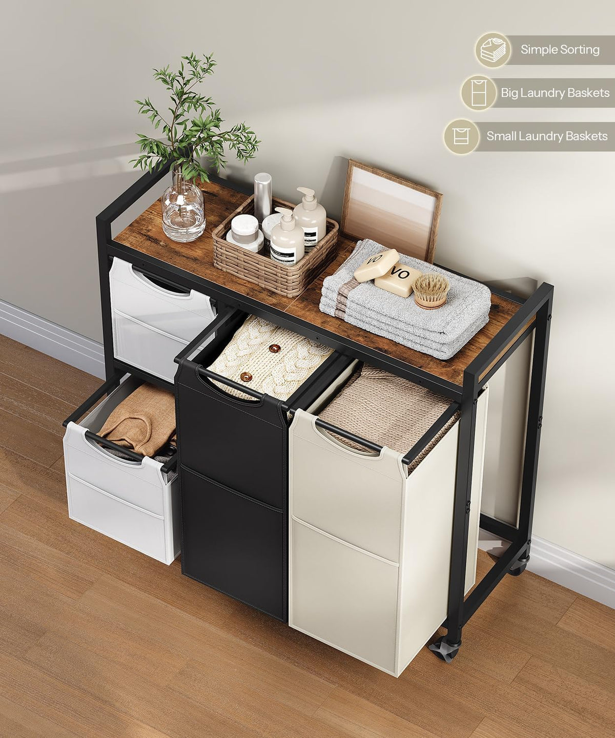 Laundry Sorter with 4 Section, 39 Gal. (147 L) Laundry Hamper with Wheels, Rolling Laundry Basket with Shelf, Pull-Out Detachable Bags, Side Pockets, Rustic Brown, Black and Beige BFE14XY01N1
