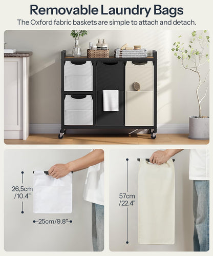Laundry Sorter with 4 Section, 39 Gal. (147 L) Laundry Hamper with Wheels, Rolling Laundry Basket with Shelf, Pull-Out Detachable Bags, Side Pockets, Rustic Brown, Black and Beige BFE14XY01N1