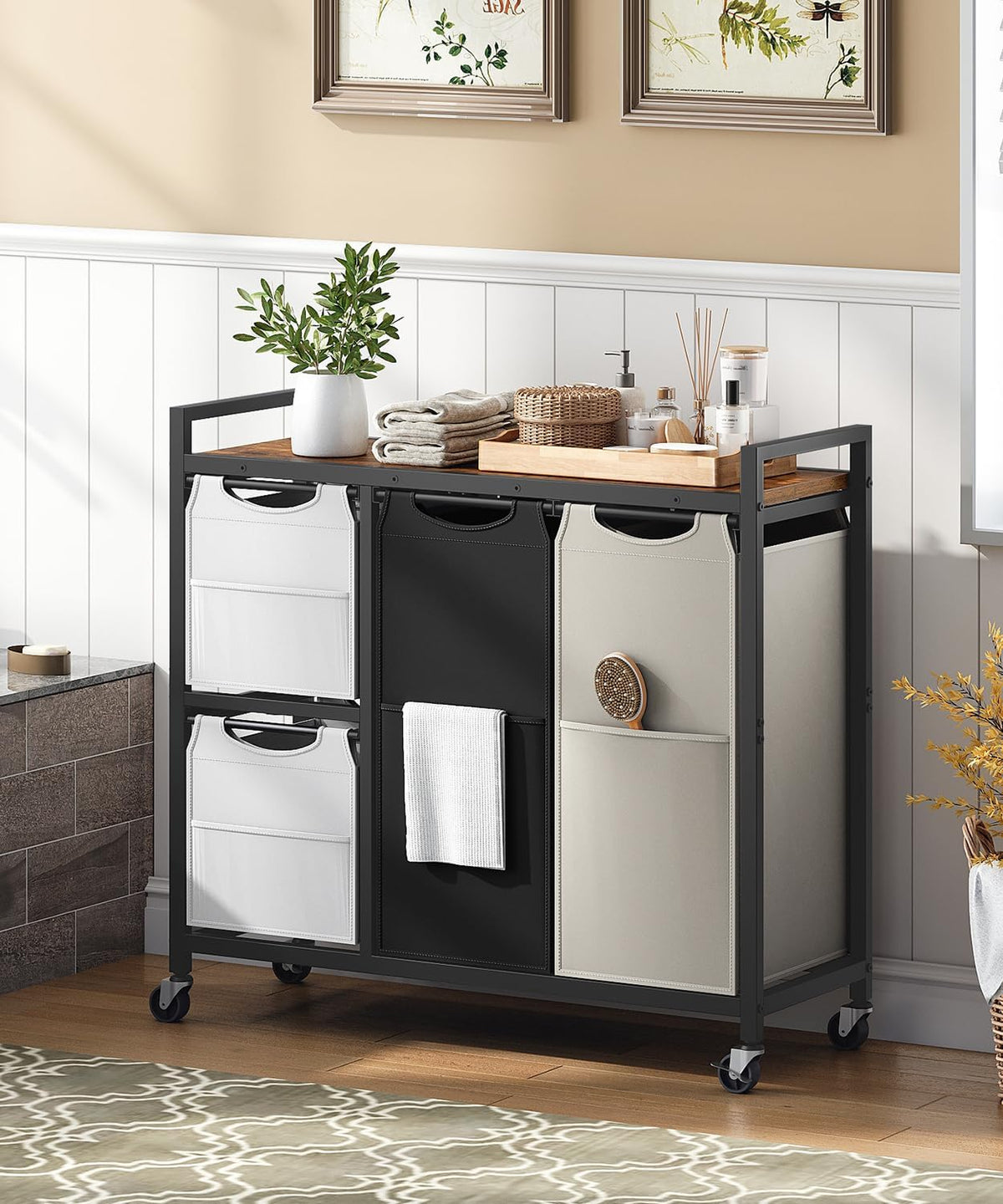 Laundry Sorter with 4 Section, 39 Gal. (147 L) Laundry Hamper with Wheels, Rolling Laundry Basket with Shelf, Pull-Out Detachable Bags, Side Pockets, Rustic Brown, Black and Beige BFE14XY01N1