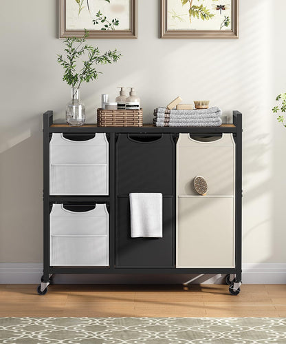 Laundry Sorter with 4 Section, 39 Gal. (147 L) Laundry Hamper with Wheels, Rolling Laundry Basket with Shelf, Pull-Out Detachable Bags, Side Pockets, Rustic Brown, Black and Beige BFE14XY01N1
