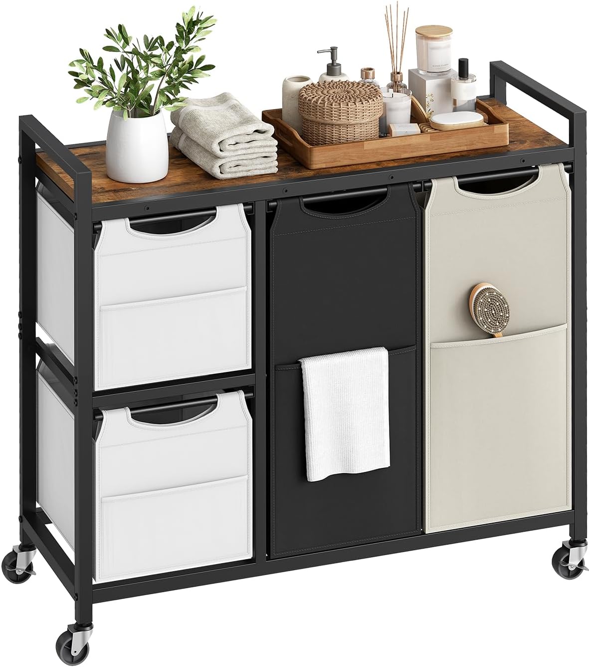Laundry Sorter with 4 Section, 39 Gal. (147 L) Laundry Hamper with Wheels, Rolling Laundry Basket with Shelf, Pull-Out Detachable Bags, Side Pockets, Rustic Brown, Black and Beige BFE14XY01N1