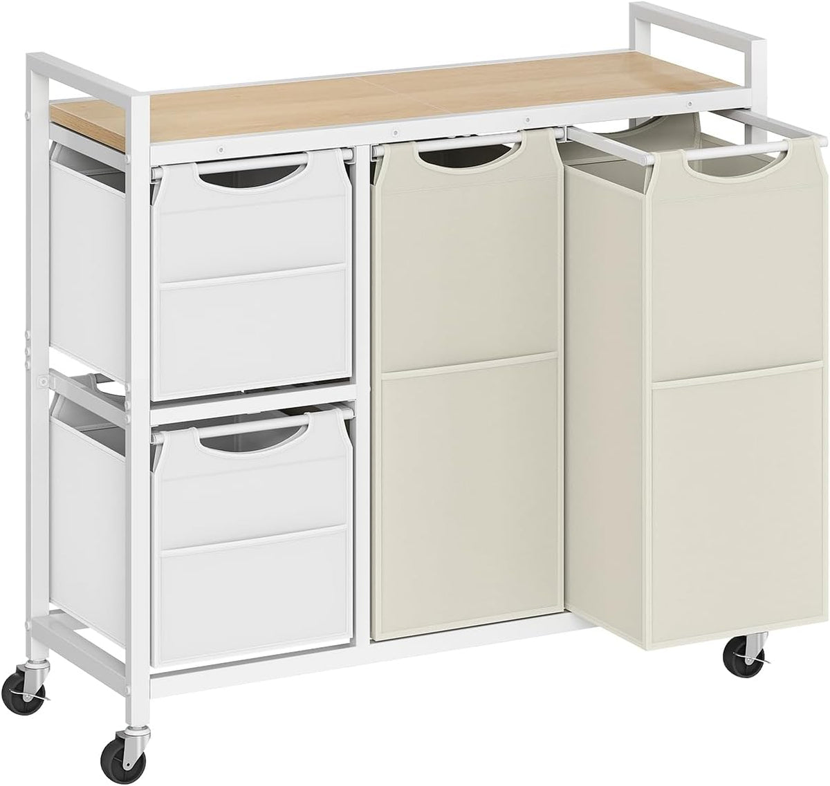 Laundry Sorter with 4 Section, 39 Gal. (147 L) Laundry Hamper with Wheels, Rolling Laundry Basket with Shelf, Pull-Out Detachable Bags, Side Pockets, Rustic Brown, Black and Beige BFE14XY01N1