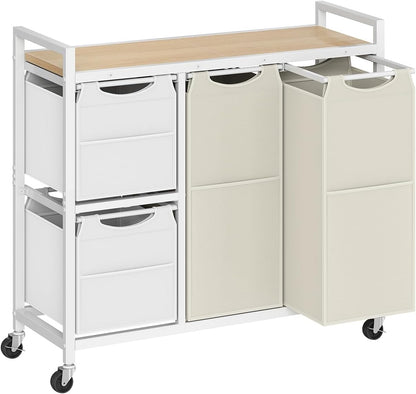 Laundry Sorter with 4 Section, 39 Gal. (147 L) Laundry Hamper with Wheels, Rolling Laundry Basket with Shelf, Pull-Out Detachable Bags, Side Pockets, Rustic Brown, Black and Beige BFE14XY01N1