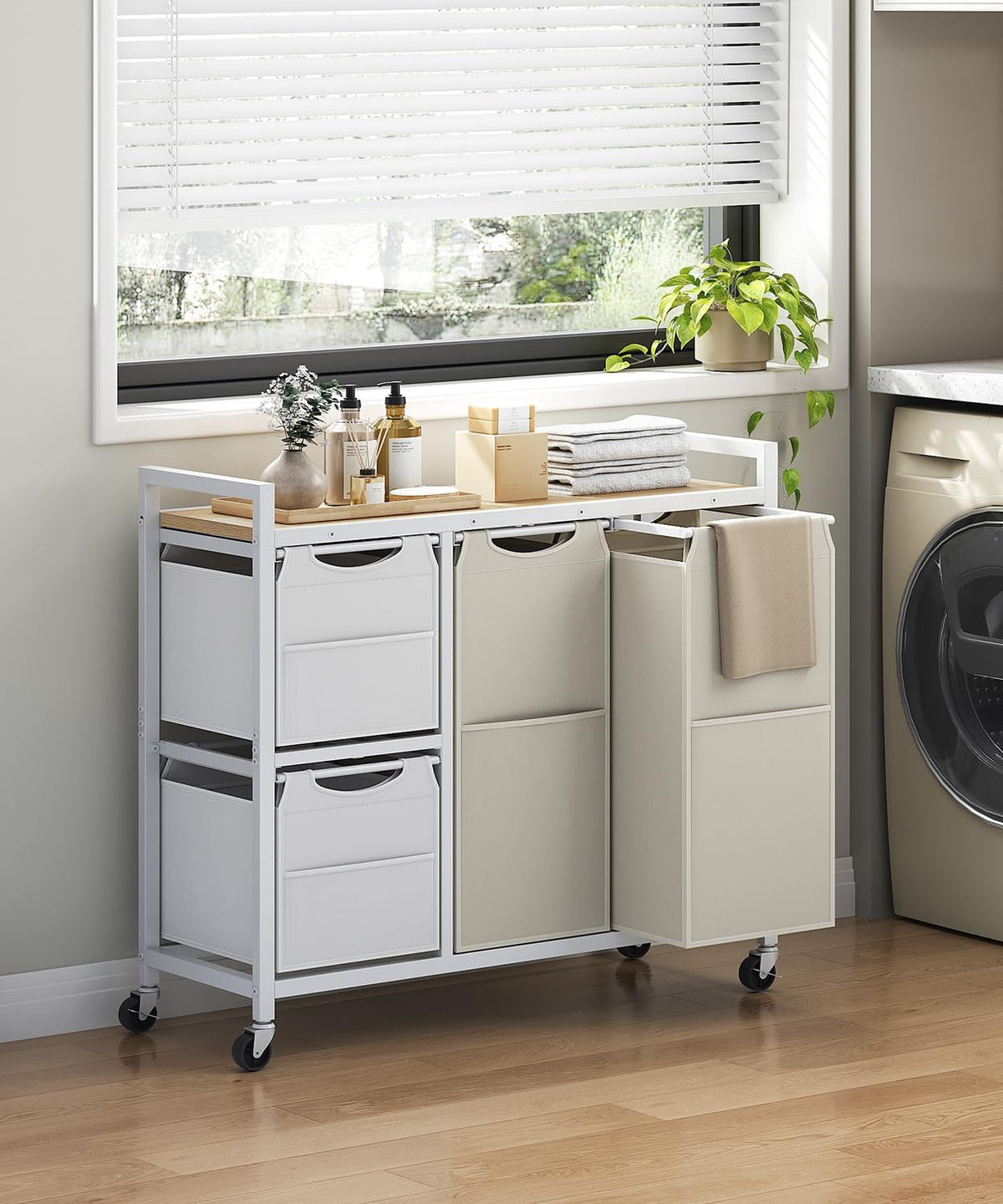 Laundry Sorter with 4 Section, 39 Gal. (147 L) Laundry Hamper with Wheels, Rolling Laundry Basket with Shelf, Pull-Out Detachable Bags, Side Pockets, Rustic Brown, Black and Beige BFE14XY01N1