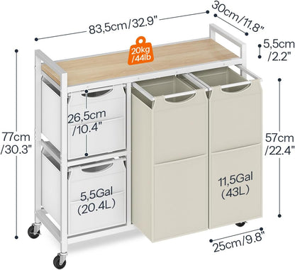 Laundry Sorter with 4 Section, 39 Gal. (147 L) Laundry Hamper with Wheels, Rolling Laundry Basket with Shelf, Pull-Out Detachable Bags, Side Pockets, Rustic Brown, Black and Beige BFE14XY01N1