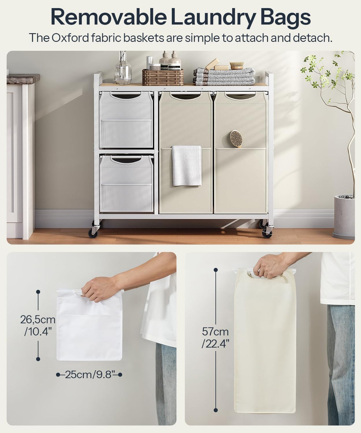 Laundry Sorter with 4 Section, 39 Gal. (147 L) Laundry Hamper with Wheels, Rolling Laundry Basket with Shelf, Pull-Out Detachable Bags, Side Pockets, Rustic Brown, Black and Beige BFE14XY01N1