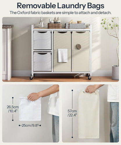 Laundry Sorter with 4 Section, 39 Gal. (147 L) Laundry Hamper with Wheels, Rolling Laundry Basket with Shelf, Pull-Out Detachable Bags, Side Pockets, Rustic Brown, Black and Beige BFE14XY01N1