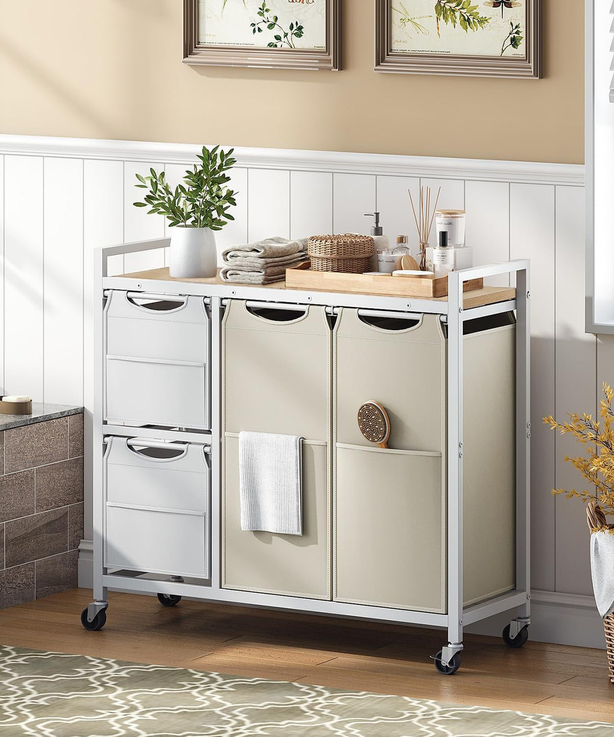 Laundry Sorter with 4 Section, 39 Gal. (147 L) Laundry Hamper with Wheels, Rolling Laundry Basket with Shelf, Pull-Out Detachable Bags, Side Pockets, Rustic Brown, Black and Beige BFE14XY01N1