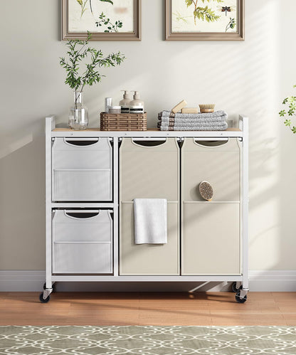 Laundry Sorter with 4 Section, 39 Gal. (147 L) Laundry Hamper with Wheels, Rolling Laundry Basket with Shelf, Pull-Out Detachable Bags, Side Pockets, Rustic Brown, Black and Beige BFE14XY01N1
