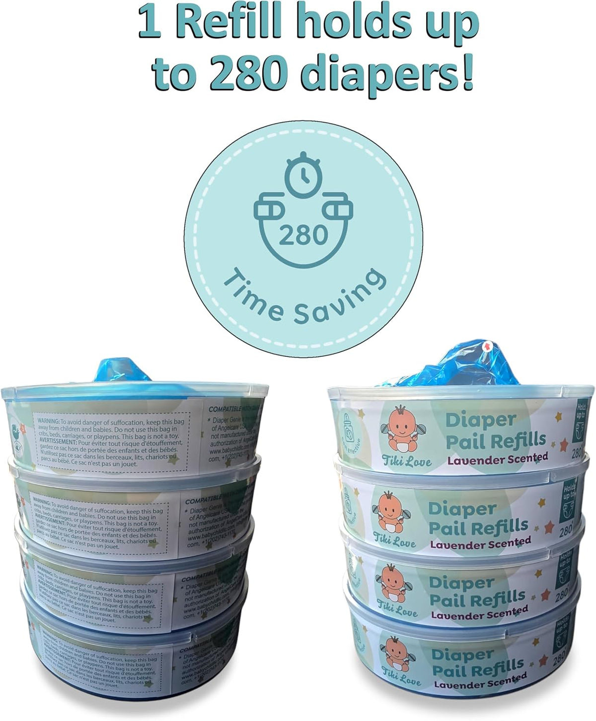 Diaper Pail Refill Bags Compatible with Diaper Genie Essentials – 4 Pack, Odor Lock, Lavender Scent, Holds Up to 1120 Diapers
