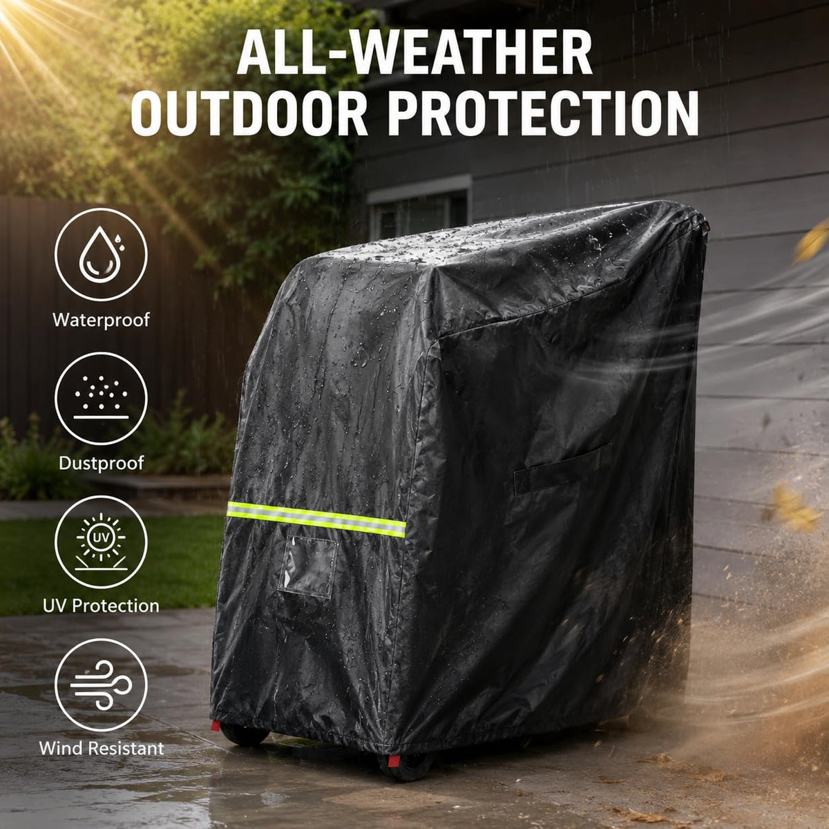 Stroller Cover, Waterproof Outdoor Stroller Storage Cover for Most Large Strollers, Dustproof UV-Resistant Cover with Reflective Strip, Adjustable Bottom Drawstring, Windproof Buckles & Storage Pouch