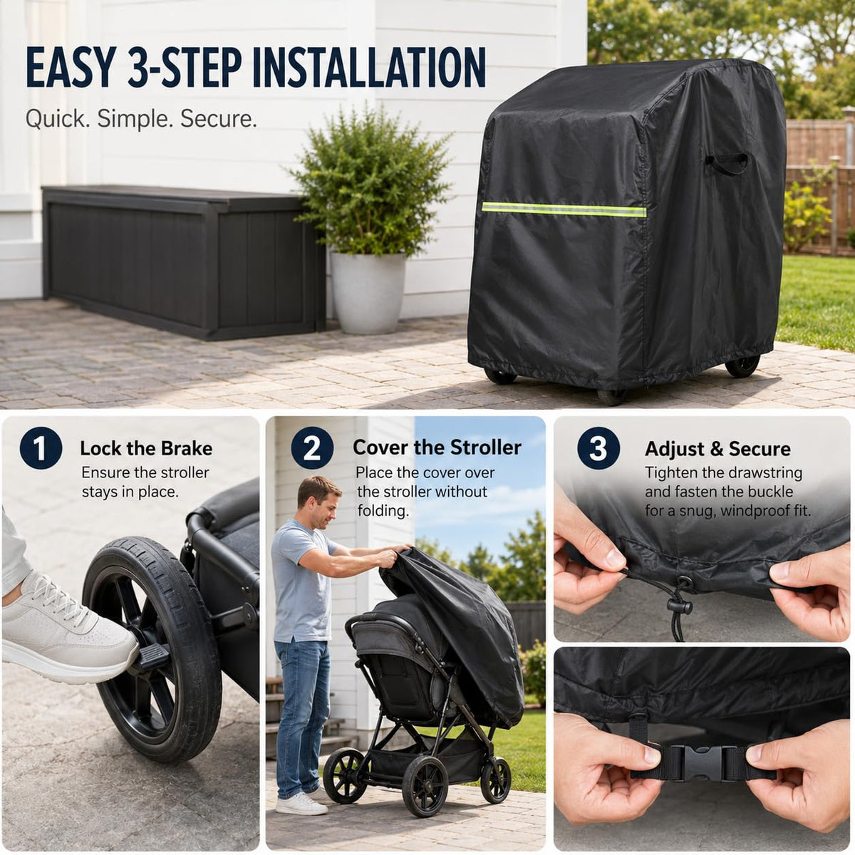 Stroller Cover, Waterproof Outdoor Stroller Storage Cover for Most Large Strollers, Dustproof UV-Resistant Cover with Reflective Strip, Adjustable Bottom Drawstring, Windproof Buckles & Storage Pouch