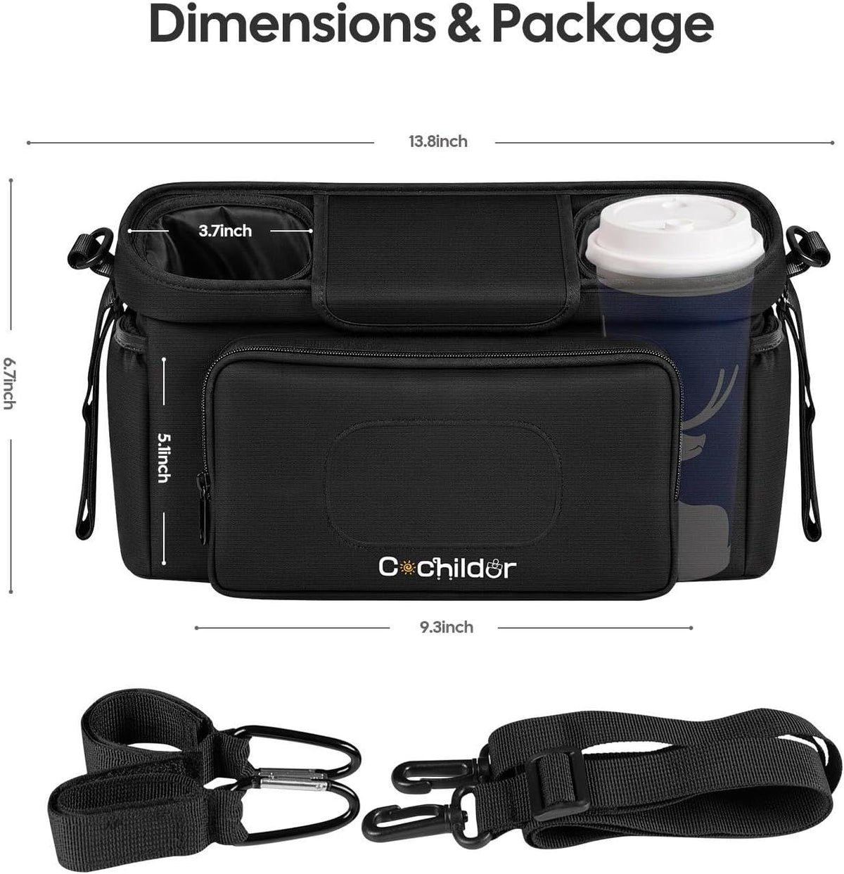 Universal Stroller Organizer with 2-in-1 Wipe Pocket, Black