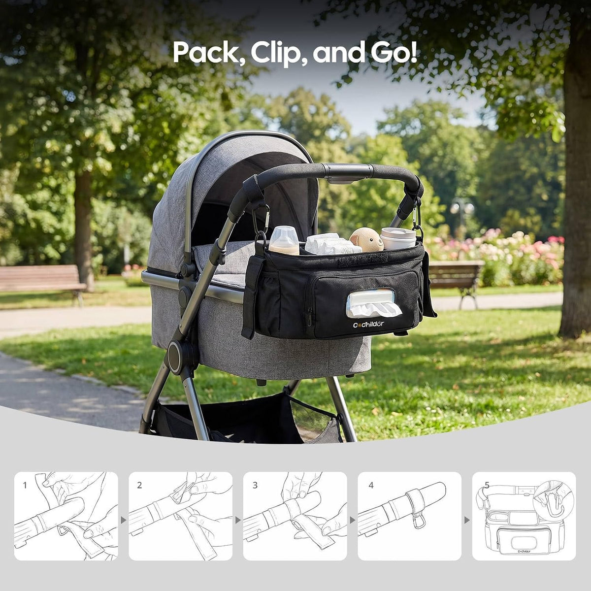 Universal Stroller Organizer with 2-in-1 Wipe Pocket, Black
