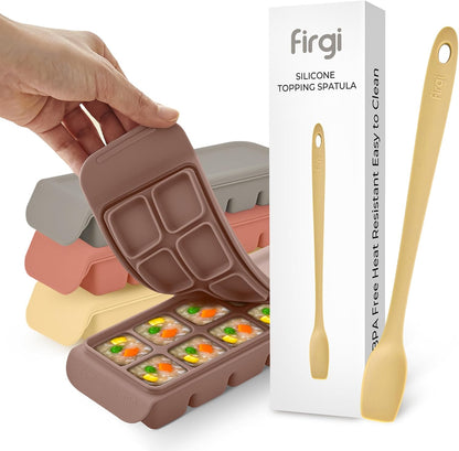 Baby Food Meal Prep Set with Silicone Topping Spatula, 4 Pack 12-Cavity Platinum Silicone Freezer Trays with Lids, 0.5 oz Portions, Made in Korea