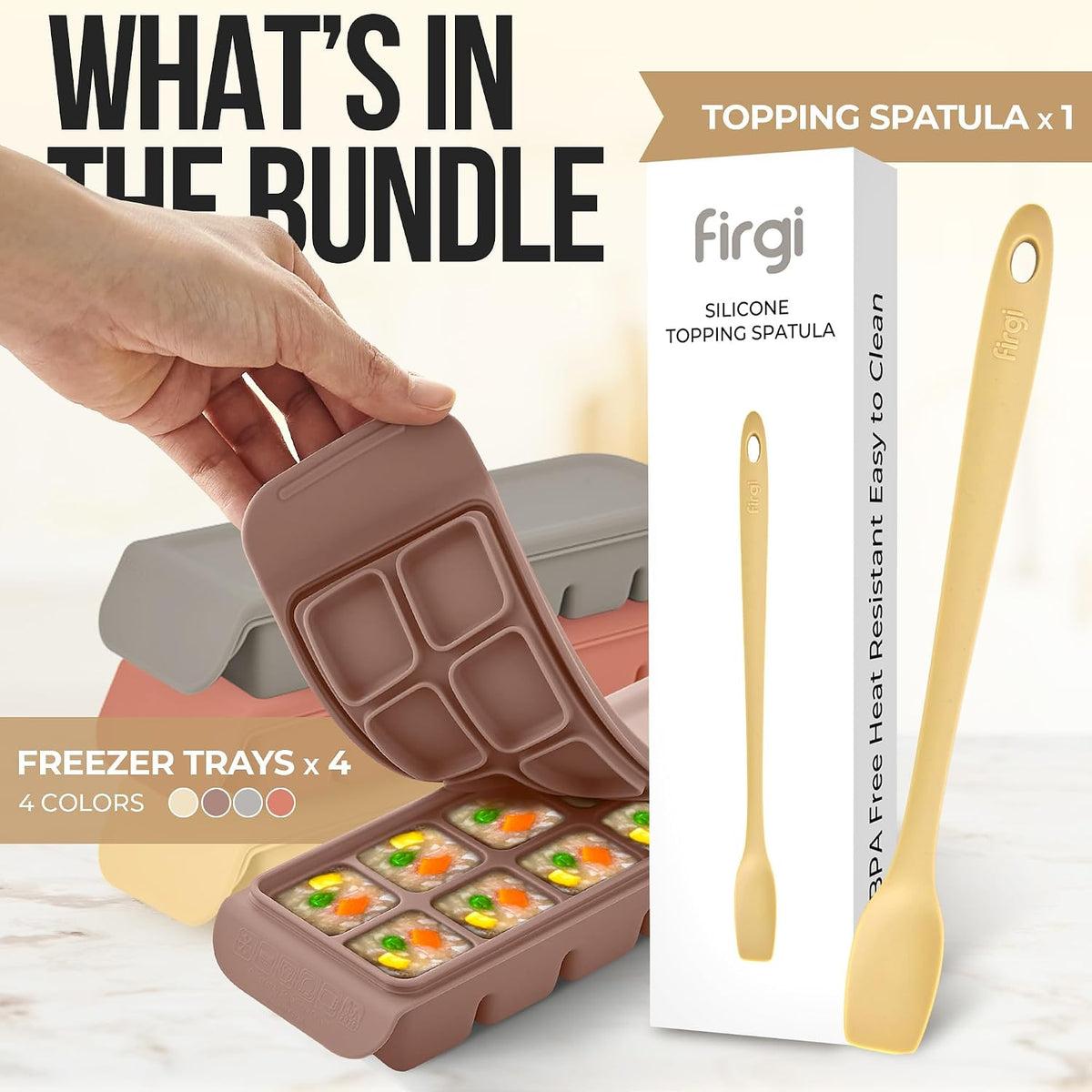 Baby Food Meal Prep Set with Silicone Topping Spatula, 4 Pack 12-Cavity Platinum Silicone Freezer Trays with Lids, 0.5 oz Portions, Made in Korea