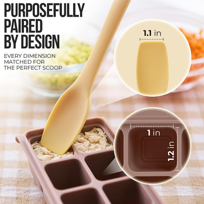Baby Food Meal Prep Set with Silicone Topping Spatula, 4 Pack 12-Cavity Platinum Silicone Freezer Trays with Lids, 0.5 oz Portions, Made in Korea