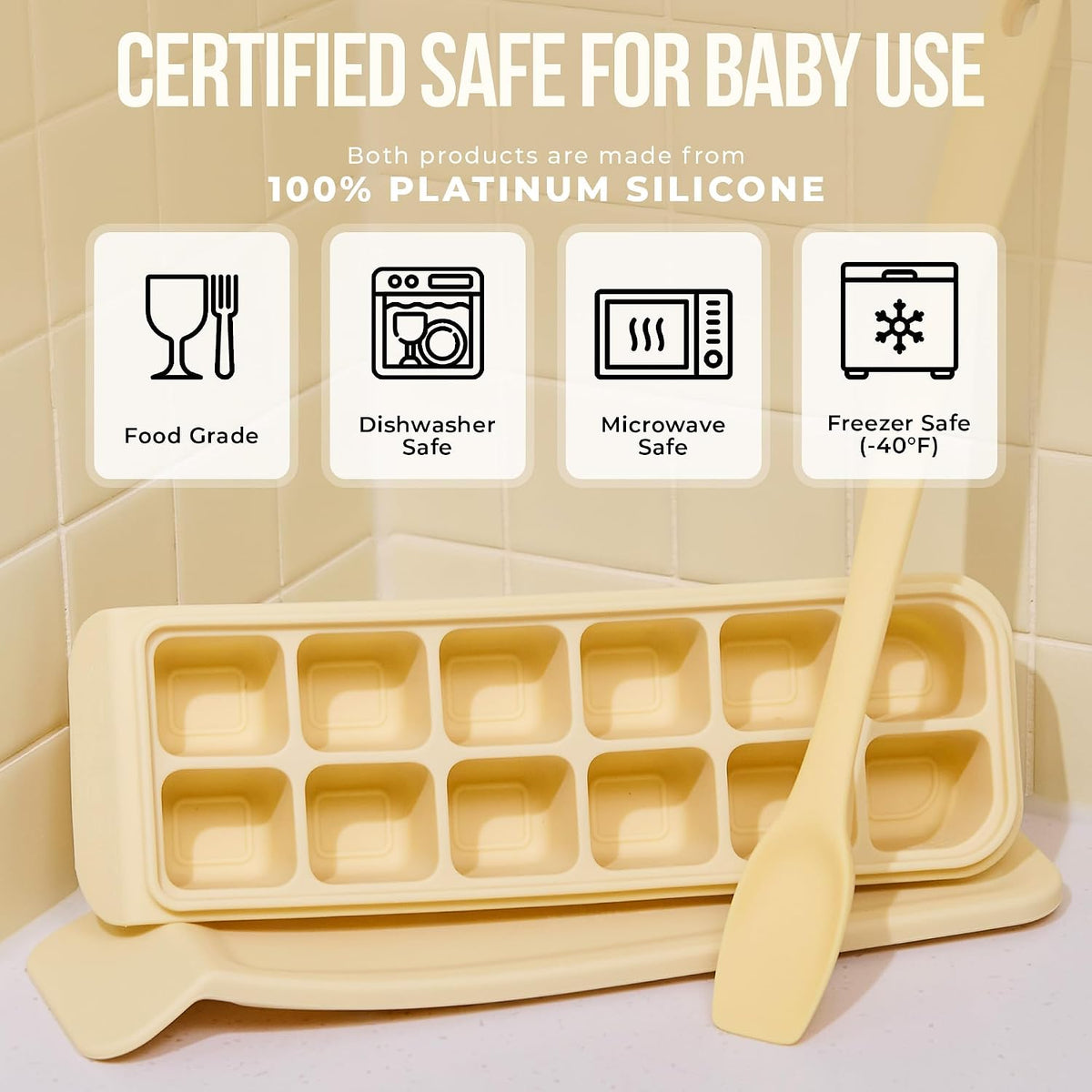 Baby Food Meal Prep Set with Silicone Topping Spatula, 4 Pack 12-Cavity Platinum Silicone Freezer Trays with Lids, 0.5 oz Portions, Made in Korea
