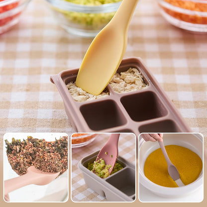 Baby Food Meal Prep Set with Silicone Topping Spatula, 4 Pack 12-Cavity Platinum Silicone Freezer Trays with Lids, 0.5 oz Portions, Made in Korea