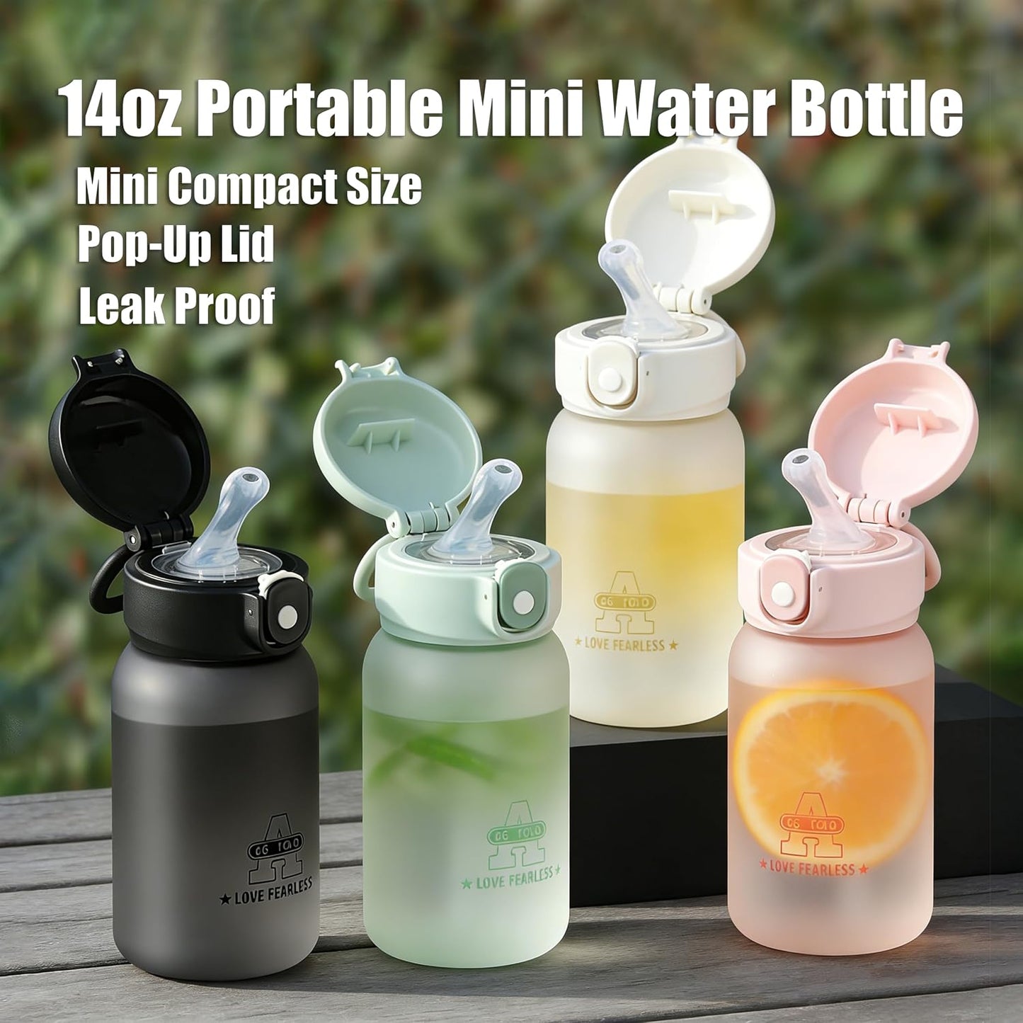 14oz Portable Mini Water Bottle, Small Frosted Juice Cup with Pop-Up Lid & Straw, Tumbler with Carry Handle, Compact Lightweight Reusable Drinkware for Sport Gym Office (Green)