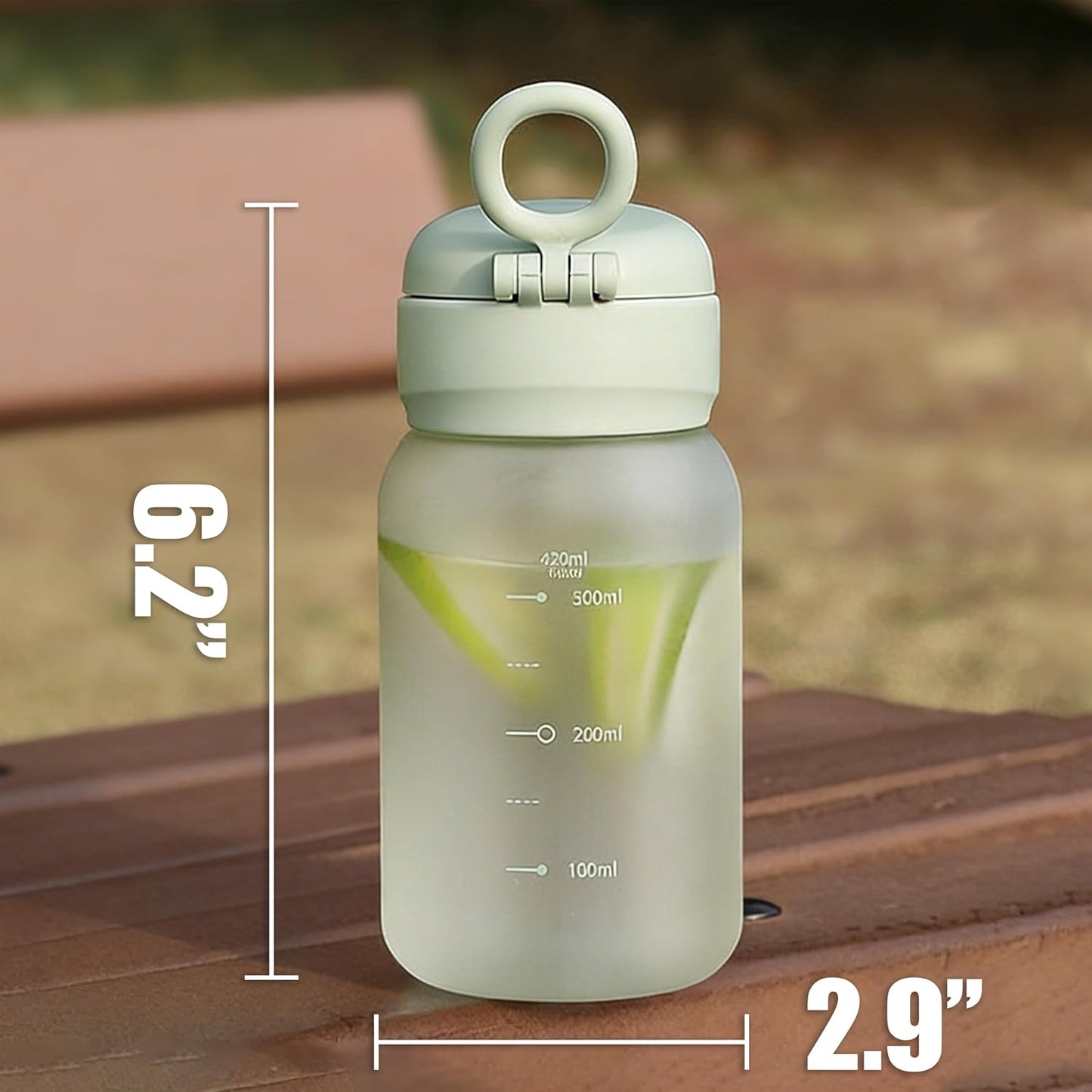14oz Portable Mini Water Bottle, Small Frosted Juice Cup with Pop-Up Lid & Straw, Tumbler with Carry Handle, Compact Lightweight Reusable Drinkware for Sport Gym Office (Green)