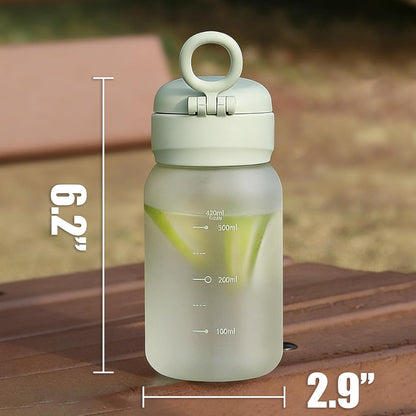 14oz Portable Mini Water Bottle, Small Frosted Juice Cup with Pop-Up Lid & Straw, Tumbler with Carry Handle, Compact Lightweight Reusable Drinkware for Sport Gym Office (Green)