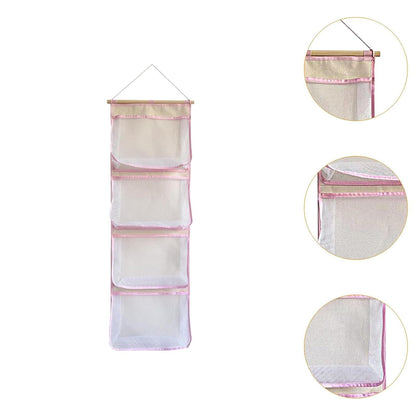 Hanging Storage Bag for Over Door Organizing Pocket Organizer Mesh Hammock Four Large Pockets Breathable Holder Suitable for Kids Room, Pink