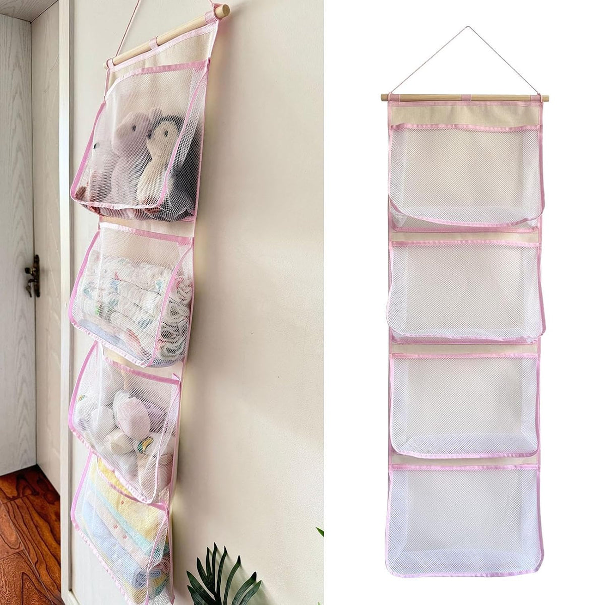 Hanging Storage Bag for Over Door Organizing Pocket Organizer Mesh Hammock Four Large Pockets Breathable Holder Suitable for Kids Room, Pink