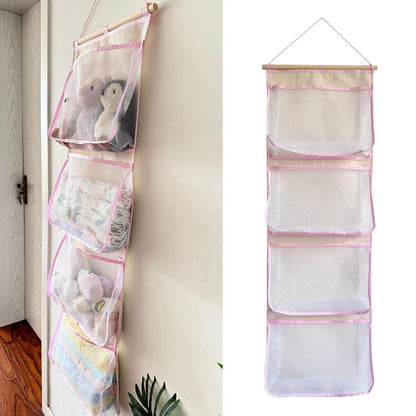 Hanging Storage Bag for Over Door Organizing Pocket Organizer Mesh Hammock Four Large Pockets Breathable Holder Suitable for Kids Room, Pink